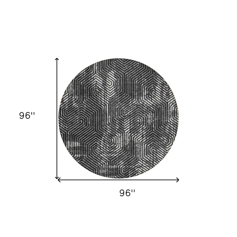 8' Black And Ivory Round Geometric Washable Indoor Outdoor Area Rug
