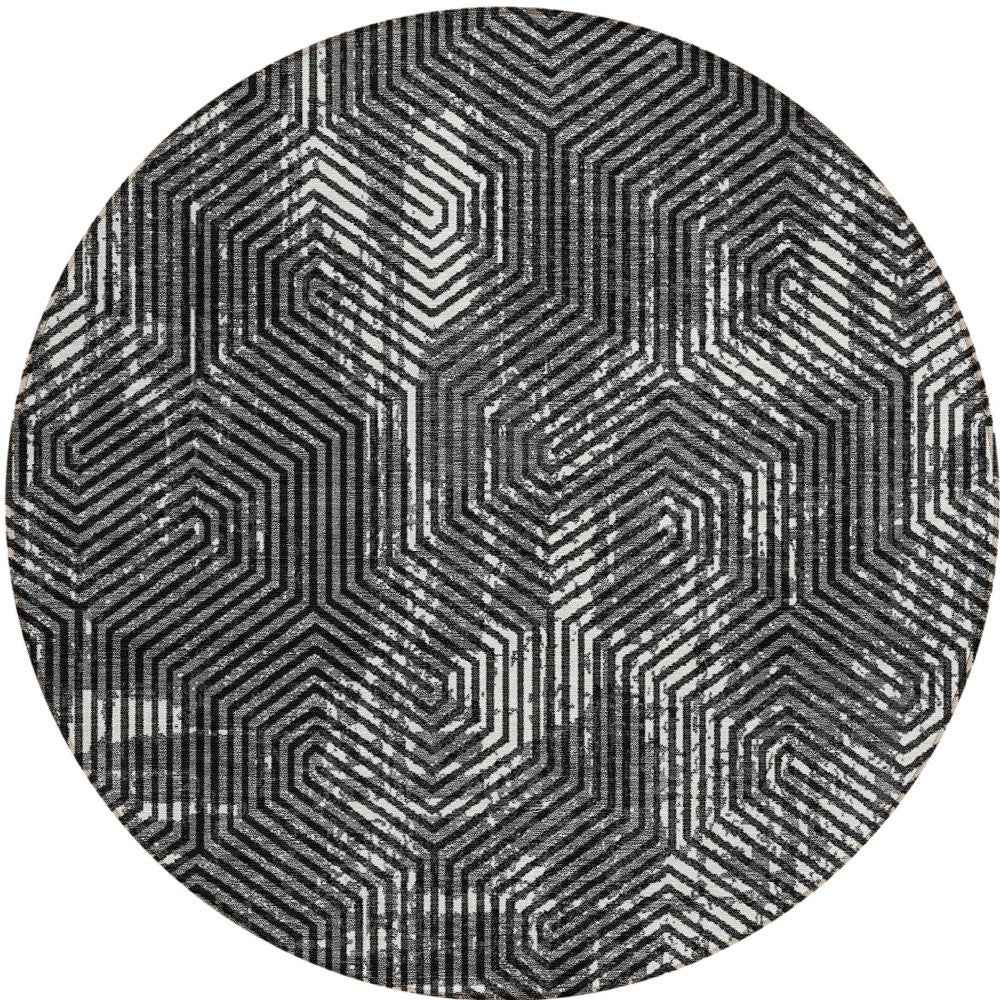 8' Black And Ivory Round Geometric Washable Indoor Outdoor Area Rug