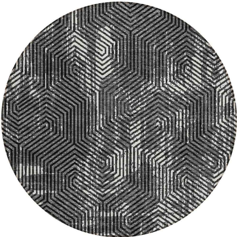8' Black And Ivory Round Geometric Washable Indoor Outdoor Area Rug