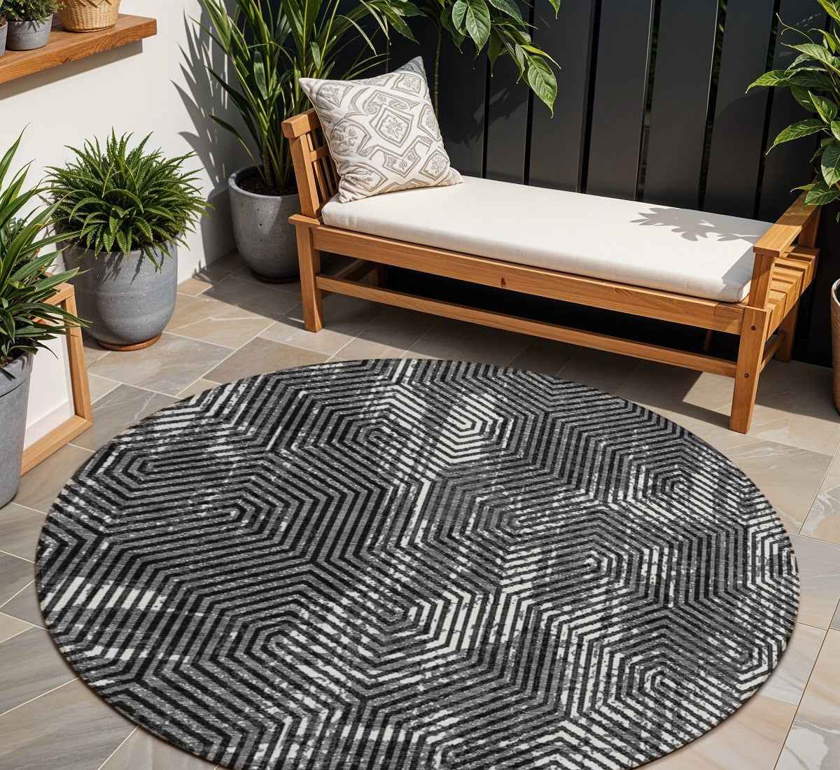 8' Black And Ivory Round Geometric Washable Indoor Outdoor Area Rug