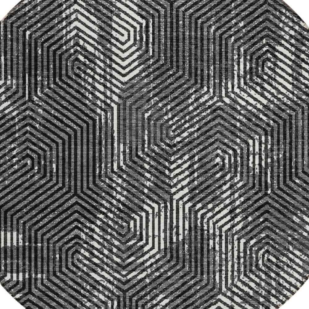 8' Black And Ivory Round Geometric Washable Indoor Outdoor Area Rug