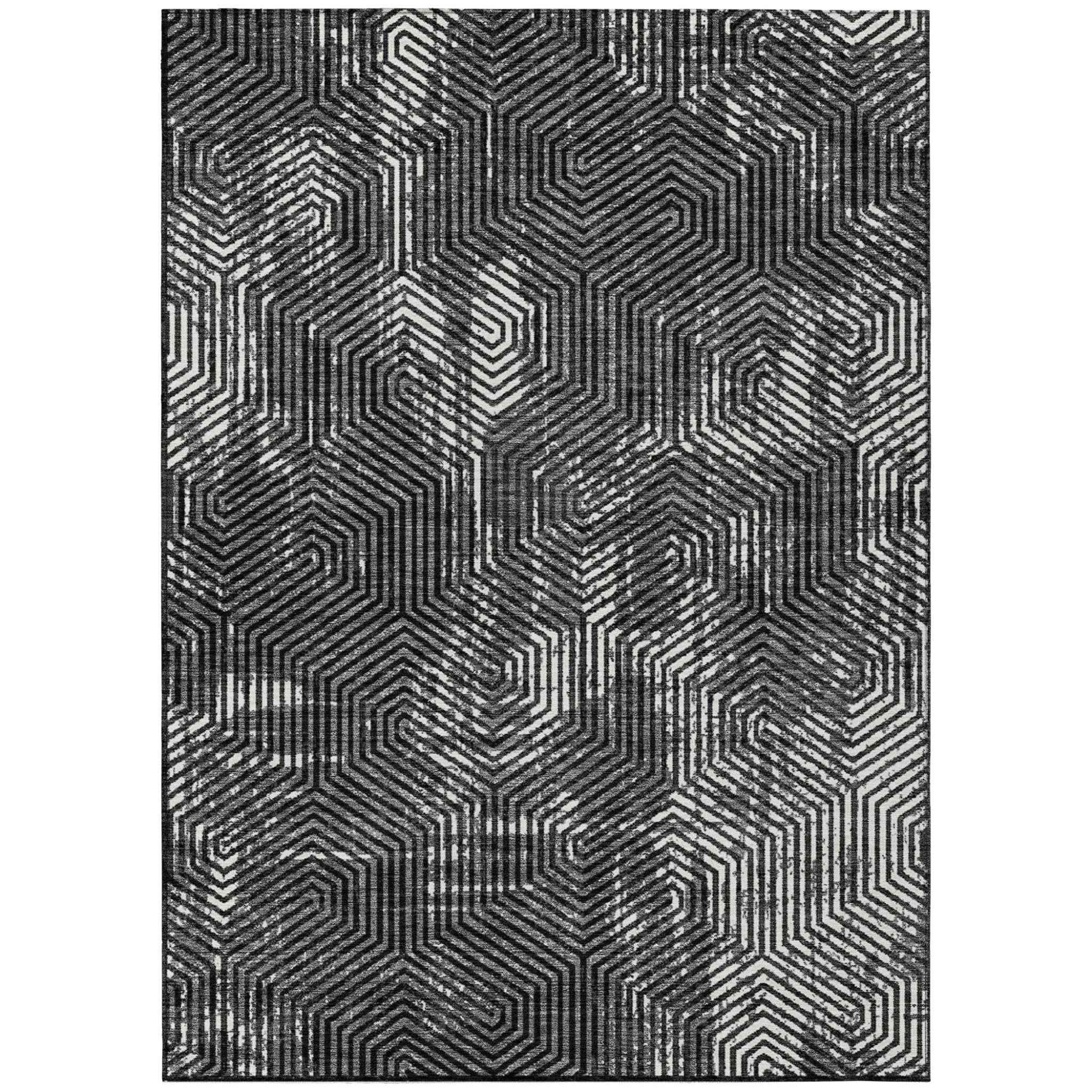 9' X 12' Black And Ivory Geometric Washable Indoor Outdoor Area Rug