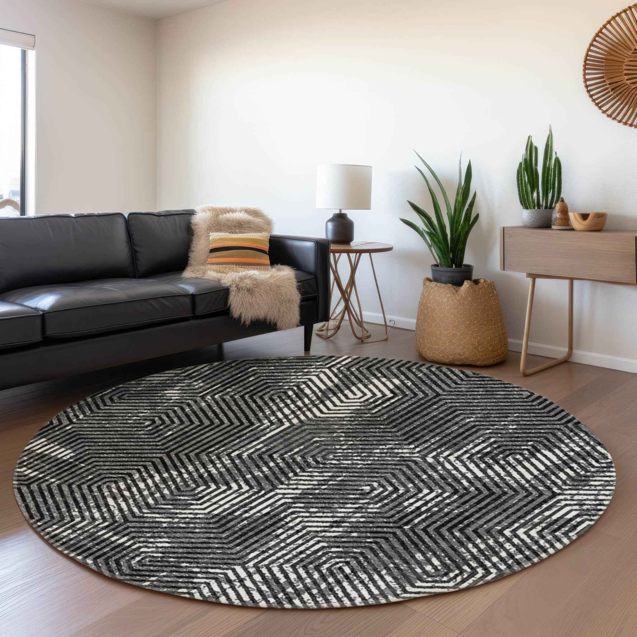 8' Black And Ivory Round Geometric Washable Indoor Outdoor Area Rug