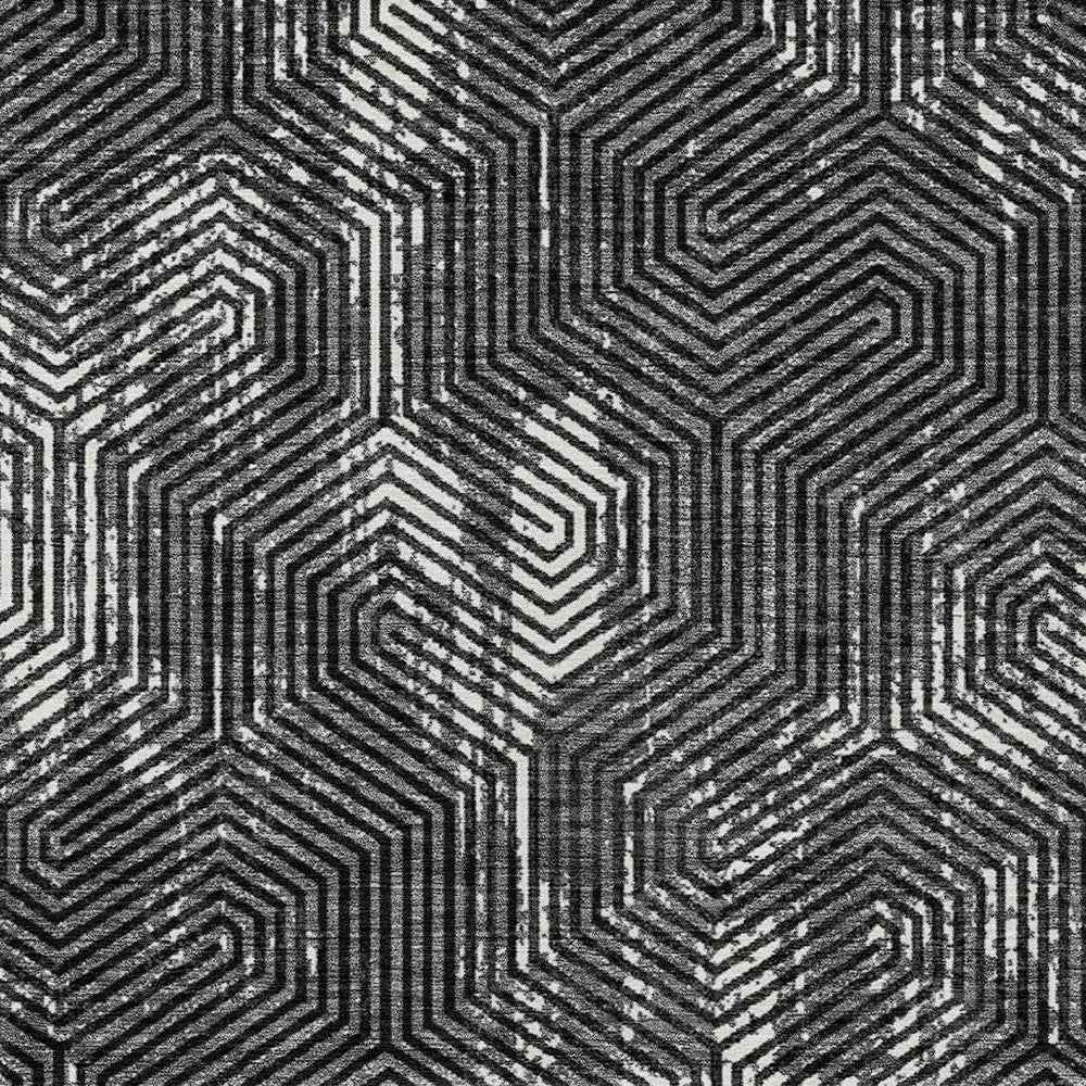 9' X 12' Black And Ivory Geometric Washable Indoor Outdoor Area Rug