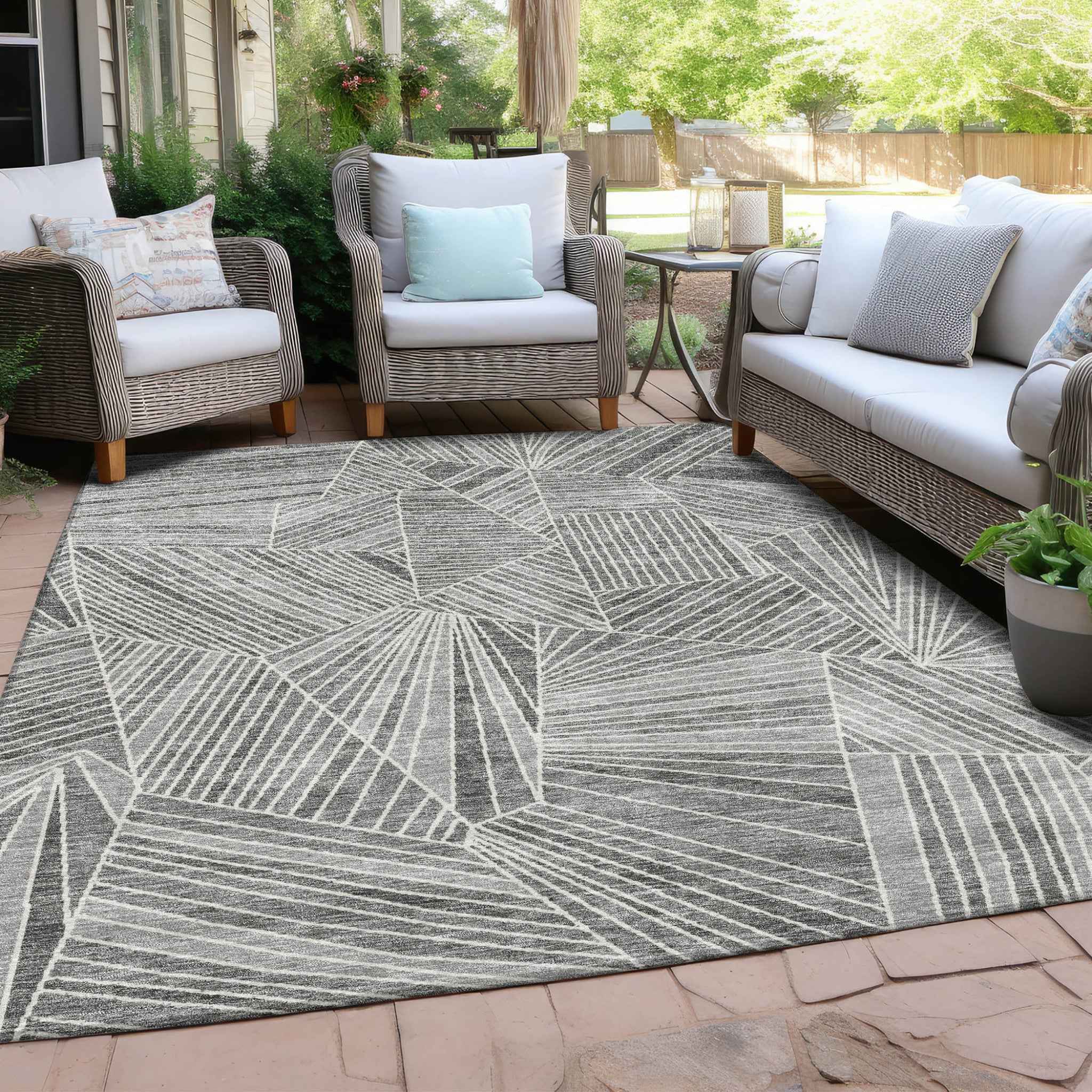 10' X 14' Gray And Ivory Geometric Washable Indoor Outdoor Area Rug