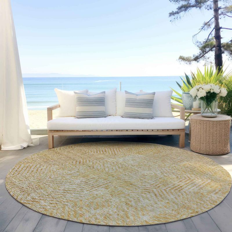8' Gold And Beige Round Geometric Washable Indoor Outdoor Area Rug