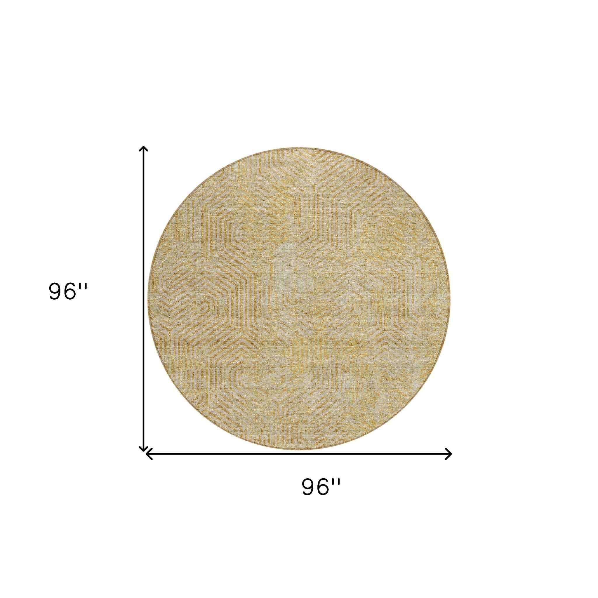 8' Gold And Beige Round Geometric Washable Indoor Outdoor Area Rug