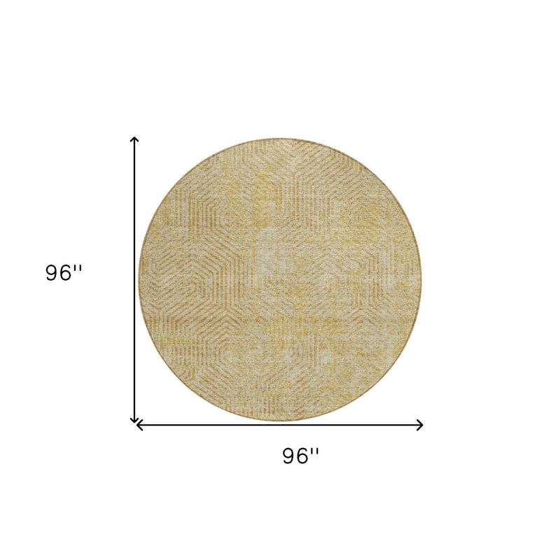 8' Gold And Beige Round Geometric Washable Indoor Outdoor Area Rug