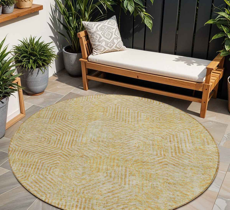 8' Gold And Beige Round Geometric Washable Indoor Outdoor Area Rug