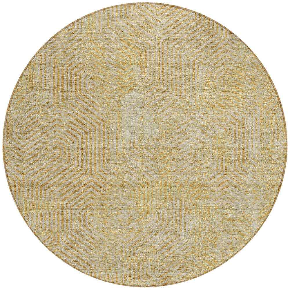 8' Gold And Beige Round Geometric Washable Indoor Outdoor Area Rug