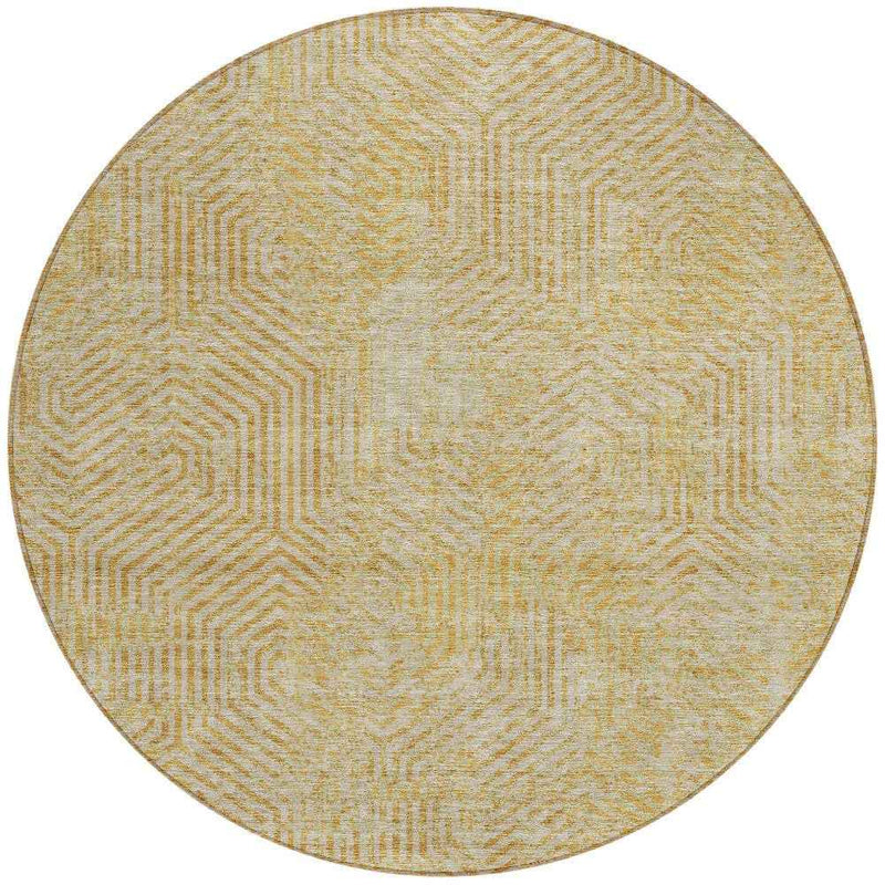 8' Gold And Beige Round Geometric Washable Indoor Outdoor Area Rug