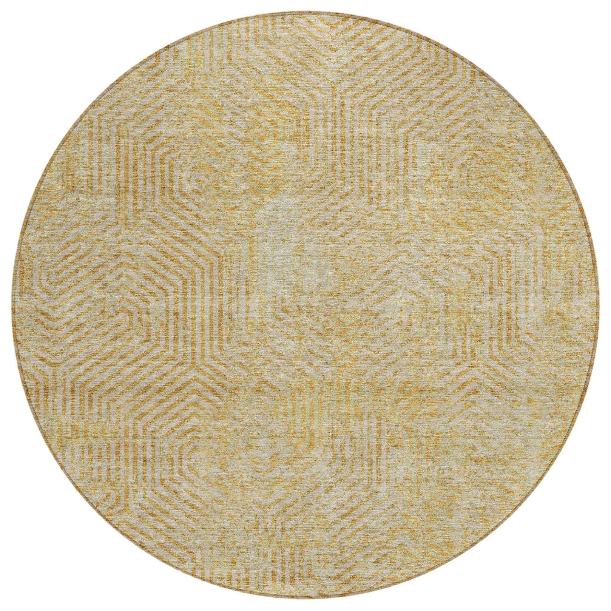 8' Gold And Beige Round Geometric Washable Indoor Outdoor Area Rug