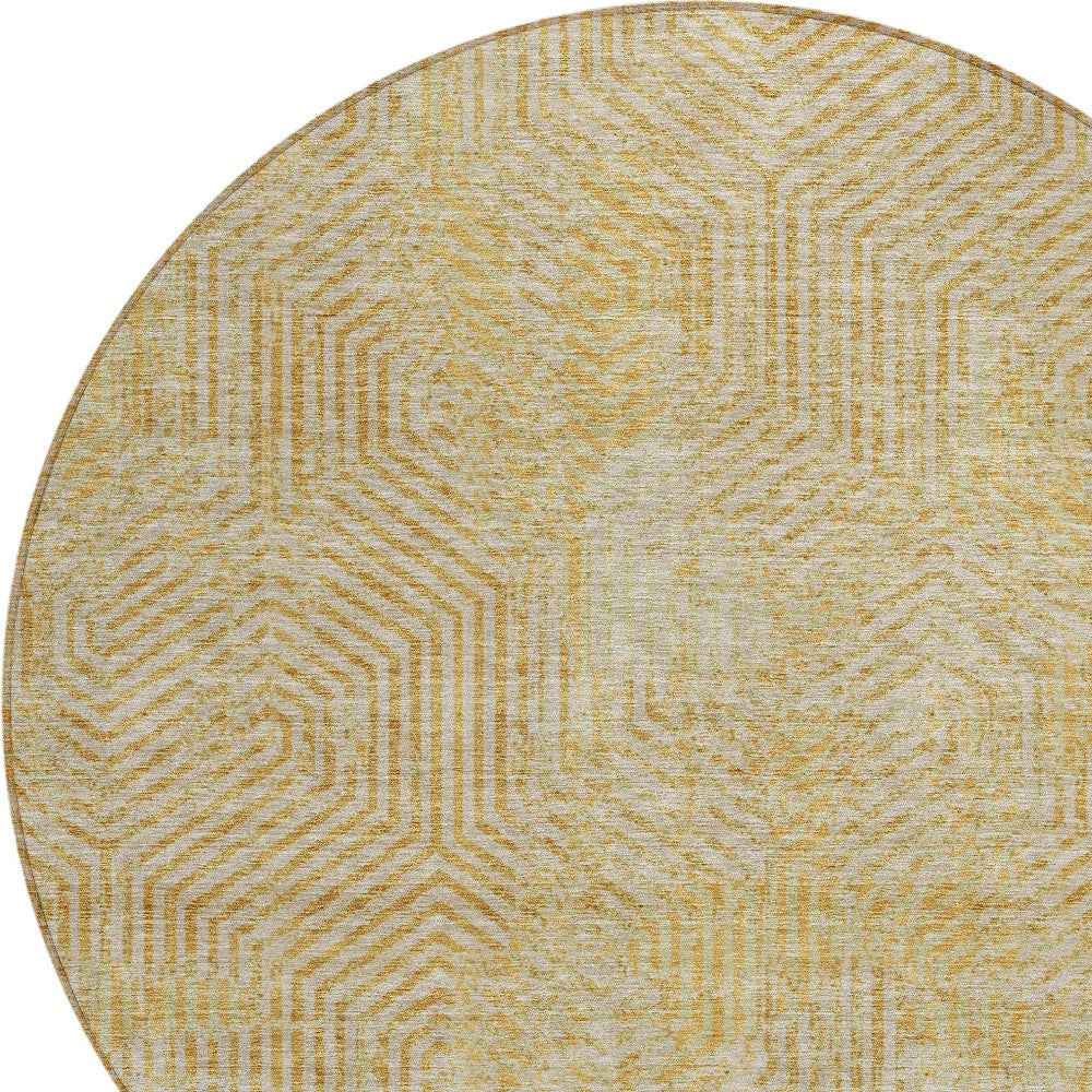8' Gold And Beige Round Geometric Washable Indoor Outdoor Area Rug
