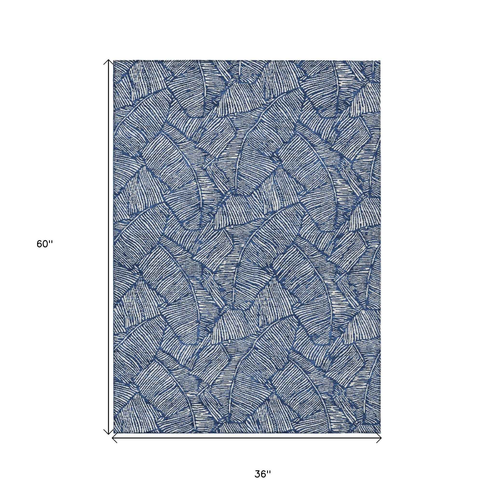 3' X 5' Navy Blue And Ivory Floral Washable Indoor Outdoor Area Rug