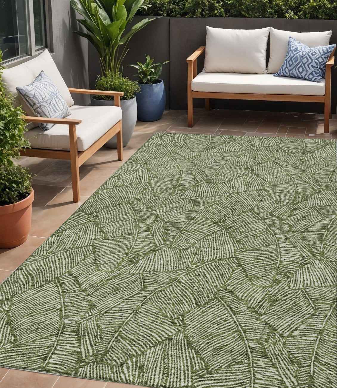 5' X 8' Olive Green And Light Green Floral Washable Indoor Outdoor Area Rug