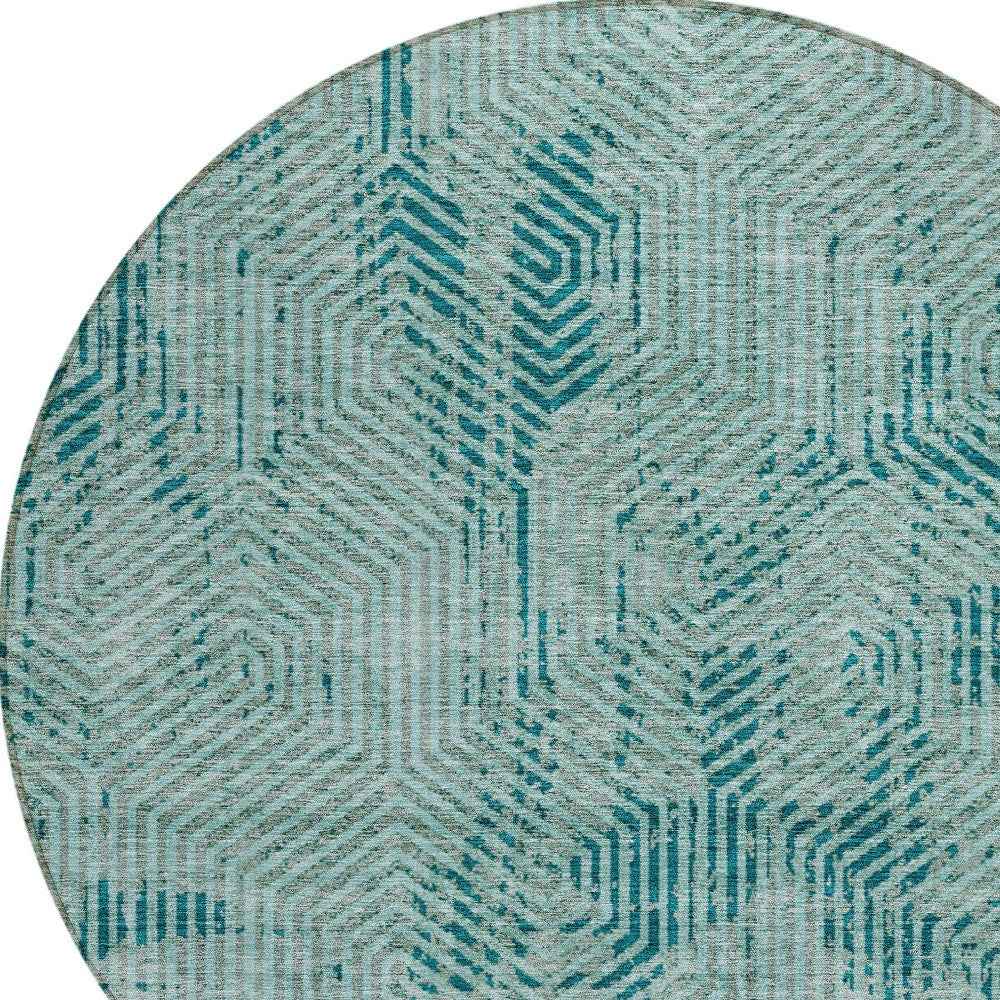 8' Teal Blue And Gray Round Geometric Washable Indoor Outdoor Area Rug