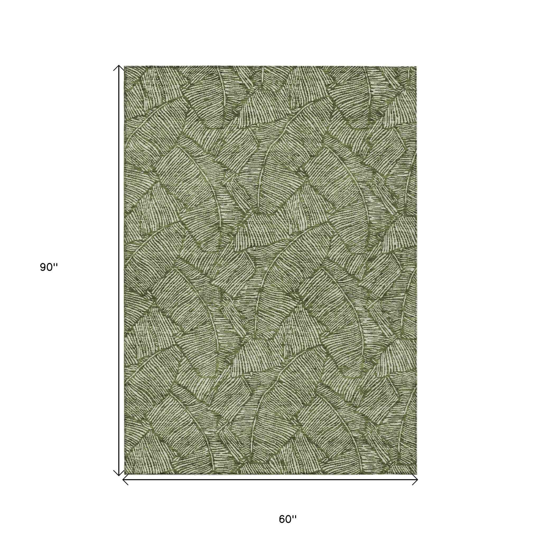 5' X 8' Olive Green And Light Green Floral Washable Indoor Outdoor Area Rug