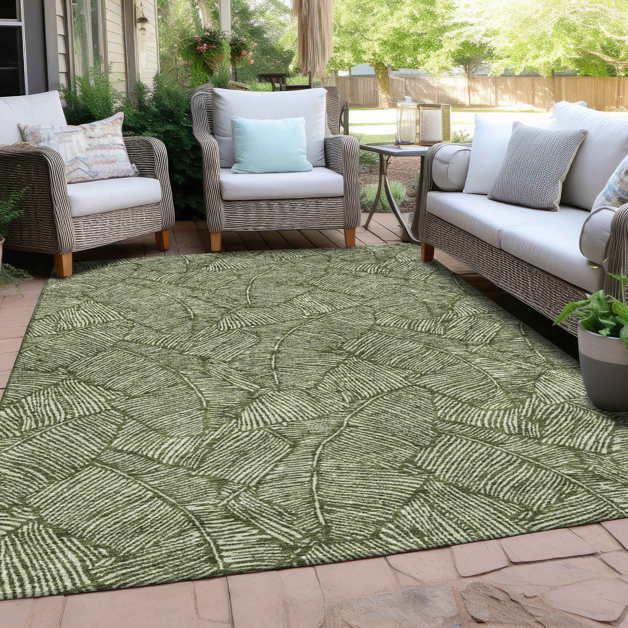 5' X 8' Olive Green And Light Green Floral Washable Indoor Outdoor Area Rug