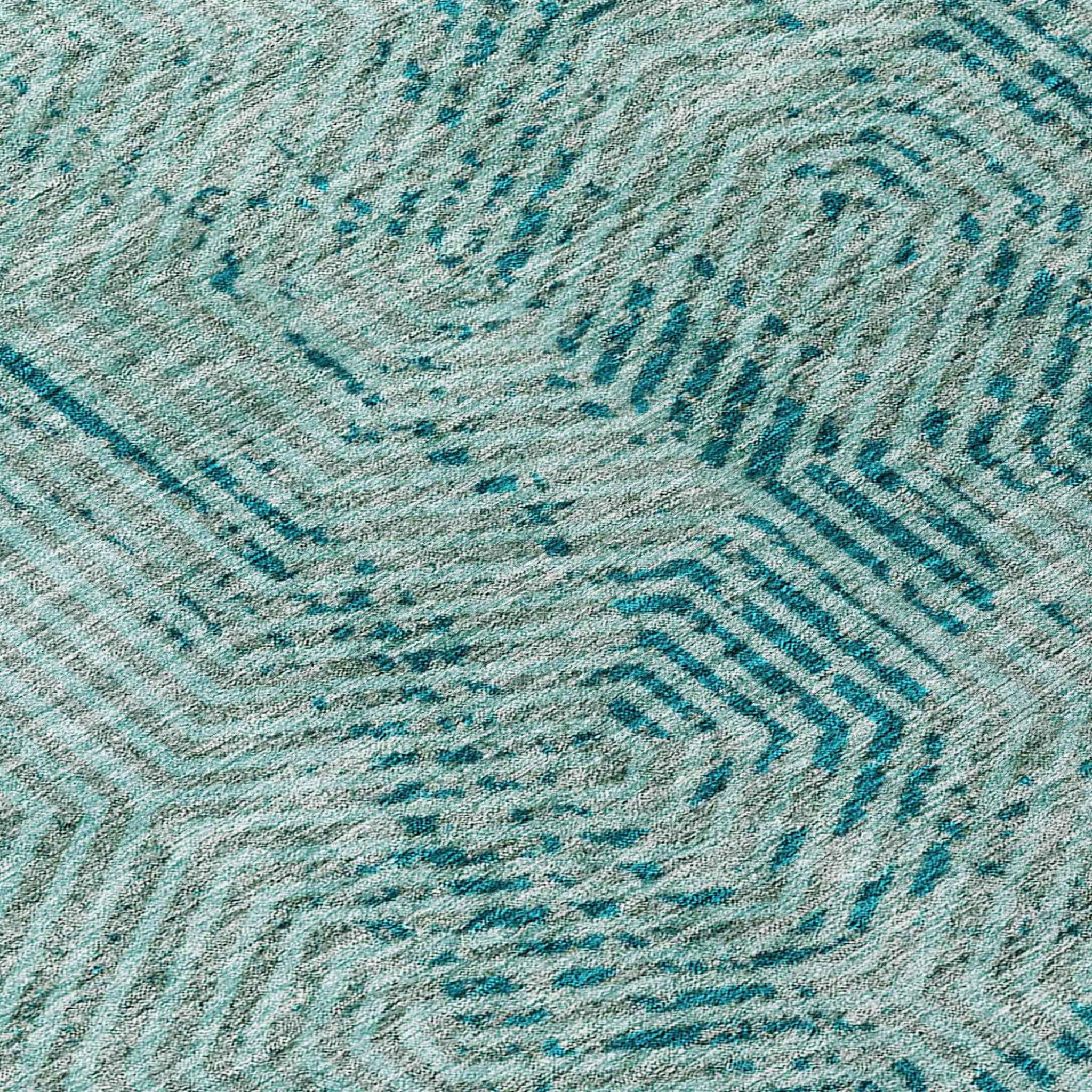 8' Teal Blue And Gray Round Geometric Washable Indoor Outdoor Area Rug