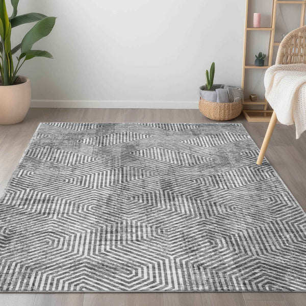 5' X 8' Silver And Gray Geometric Washable Indoor Outdoor Area Rug