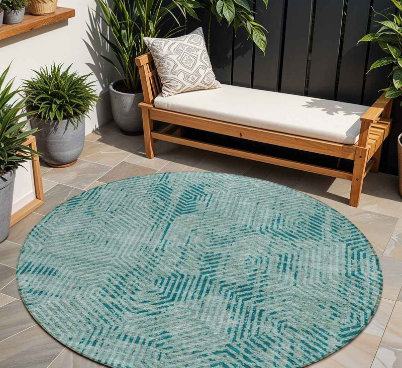 8' Teal Blue And Gray Round Geometric Washable Indoor Outdoor Area Rug