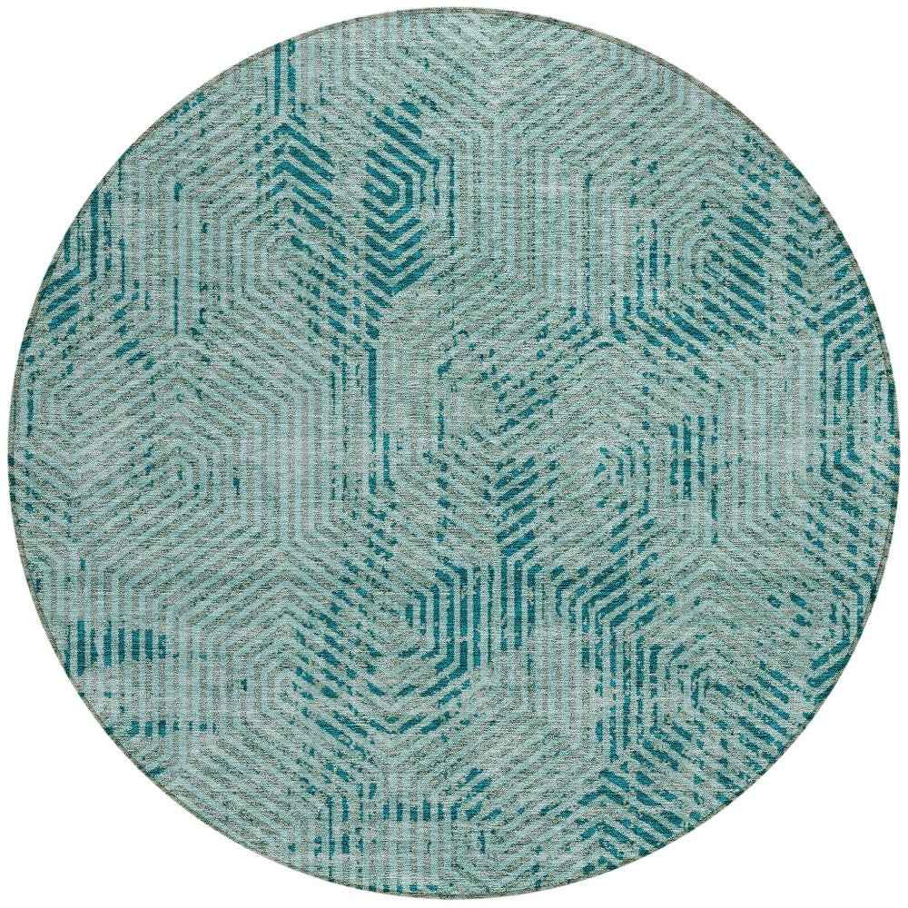 8' Teal Blue And Gray Round Geometric Washable Indoor Outdoor Area Rug