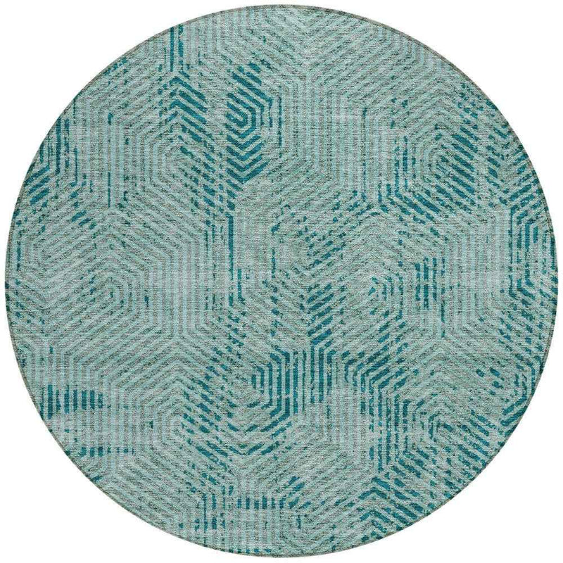 8' Teal Blue And Gray Round Geometric Washable Indoor Outdoor Area Rug