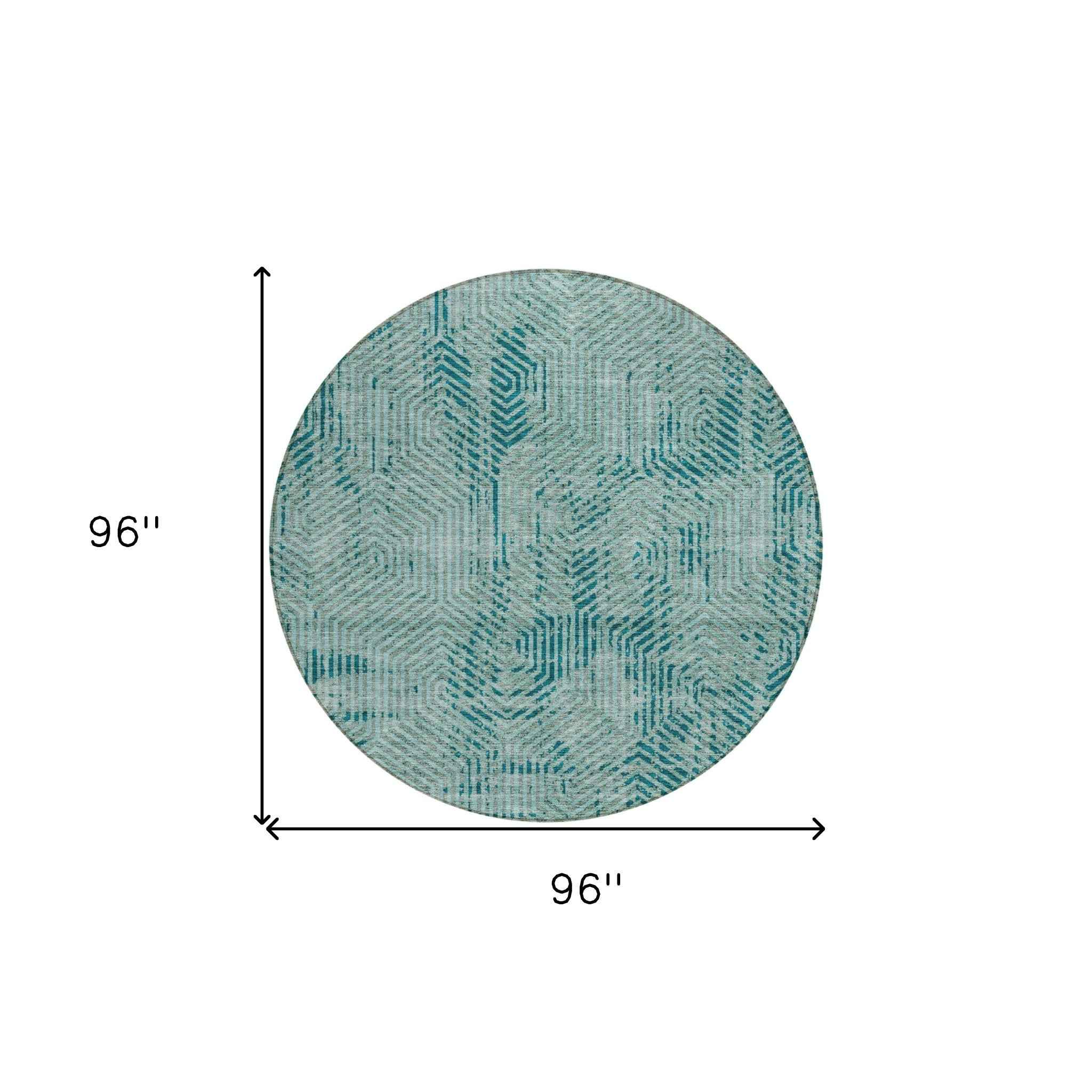 8' Teal Blue And Gray Round Geometric Washable Indoor Outdoor Area Rug