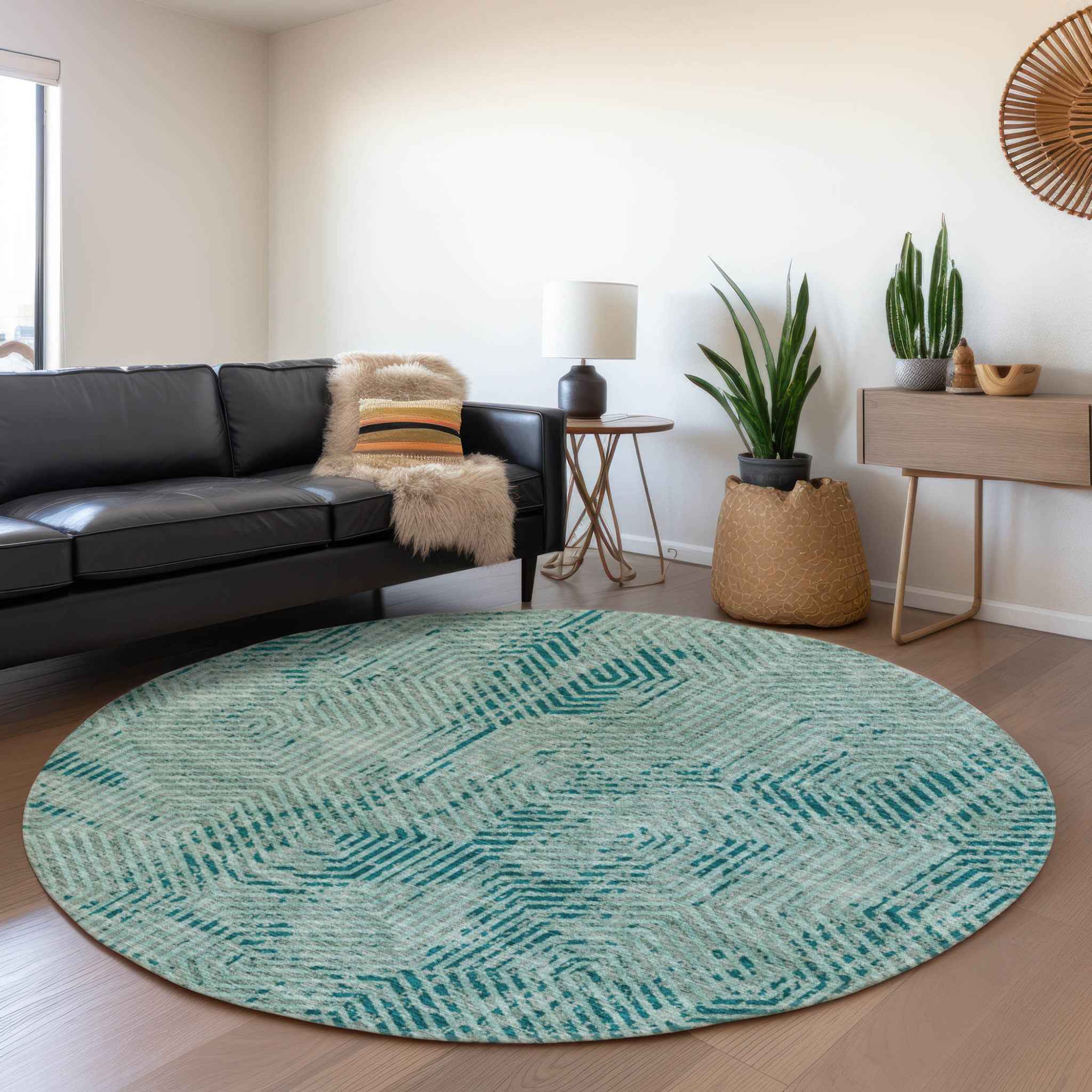 8' Teal Blue And Gray Round Geometric Washable Indoor Outdoor Area Rug