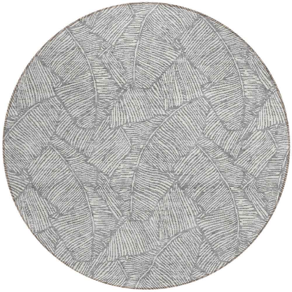 8' Gray And Ivory Round Floral Washable Indoor Outdoor Area Rug