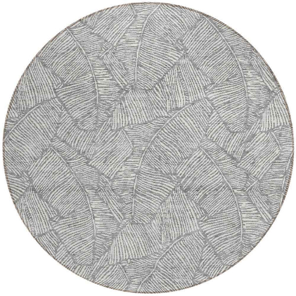 8' Gray And Ivory Round Floral Washable Indoor Outdoor Area Rug