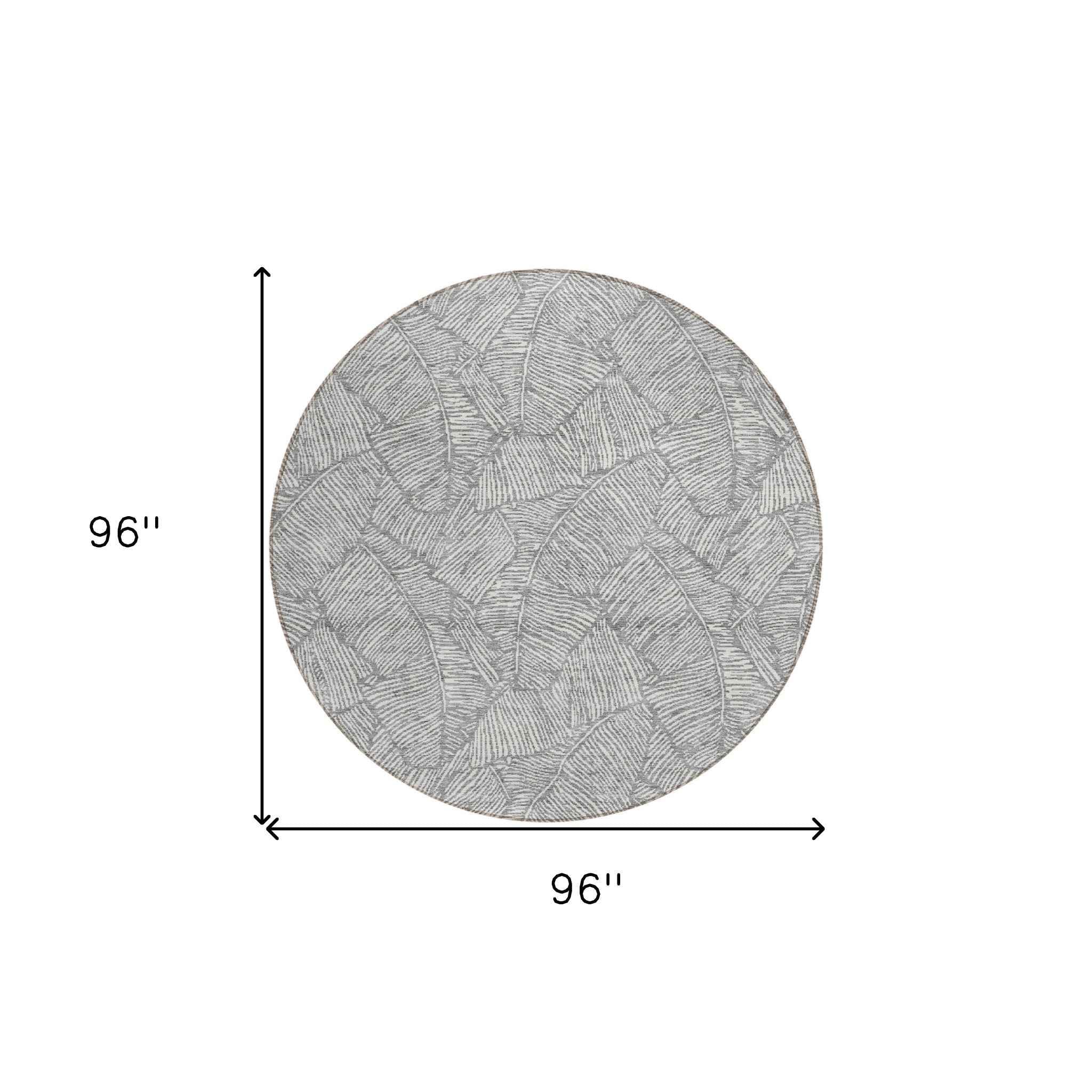 8' Gray And Ivory Round Floral Washable Indoor Outdoor Area Rug