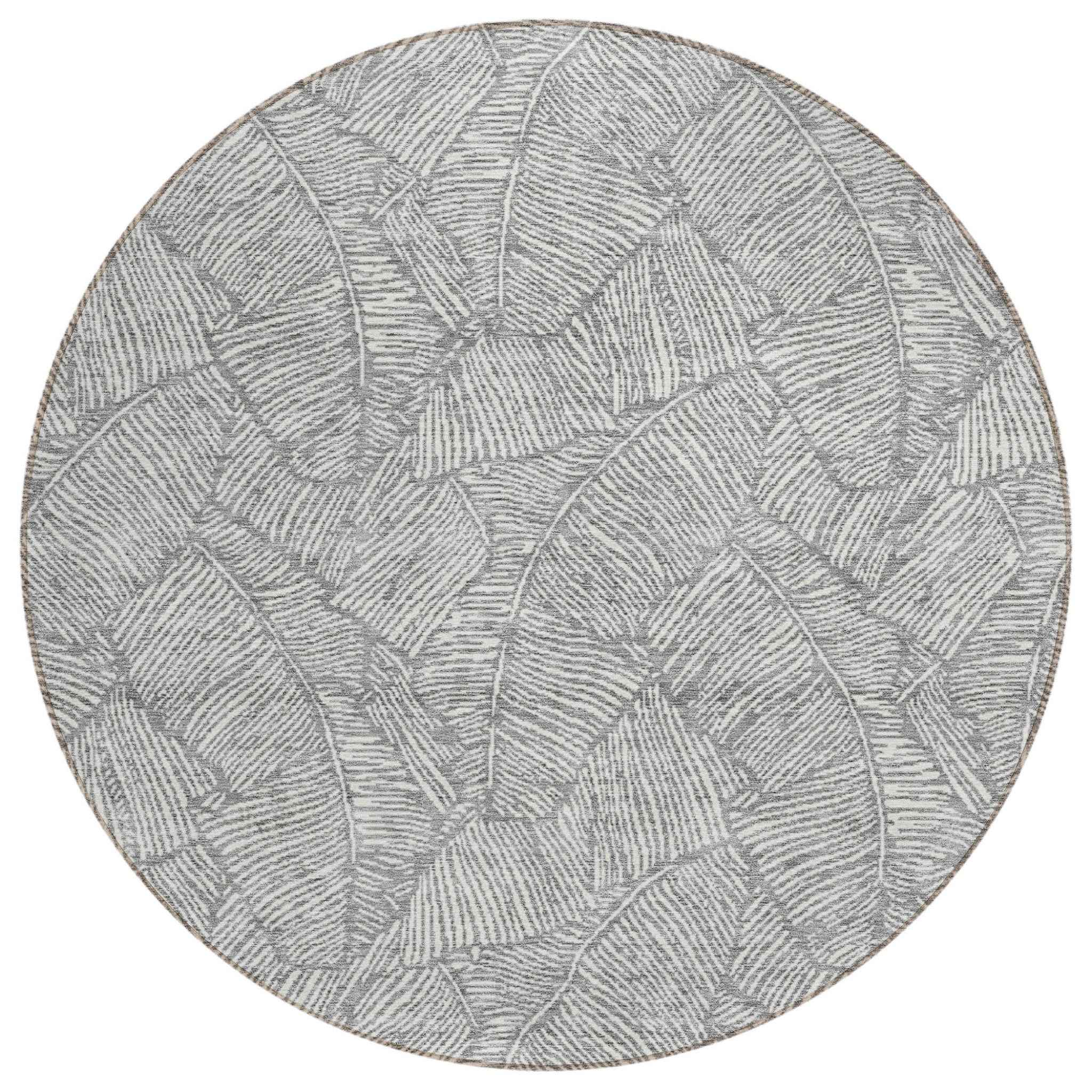 8' Gray And Ivory Round Floral Washable Indoor Outdoor Area Rug