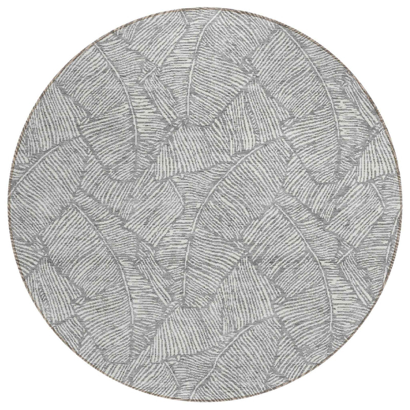 8' Gray And Ivory Round Floral Washable Indoor Outdoor Area Rug