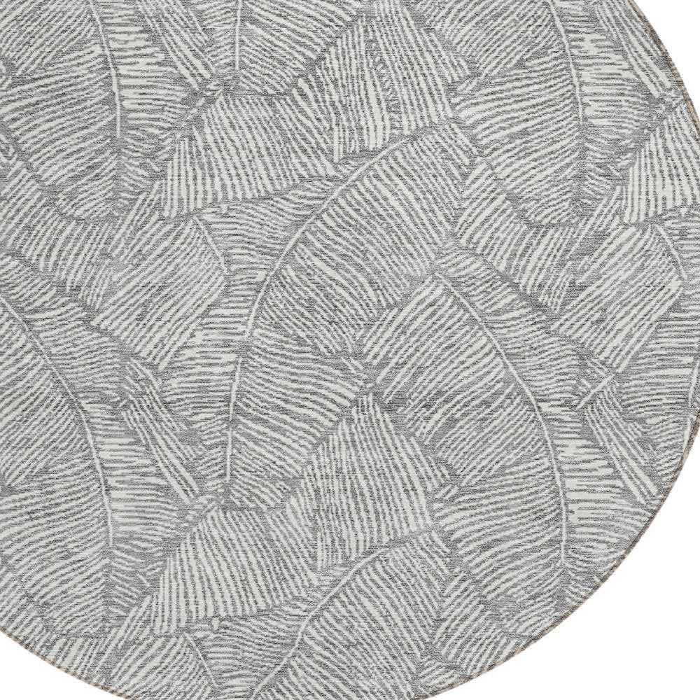 8' Gray And Ivory Round Floral Washable Indoor Outdoor Area Rug