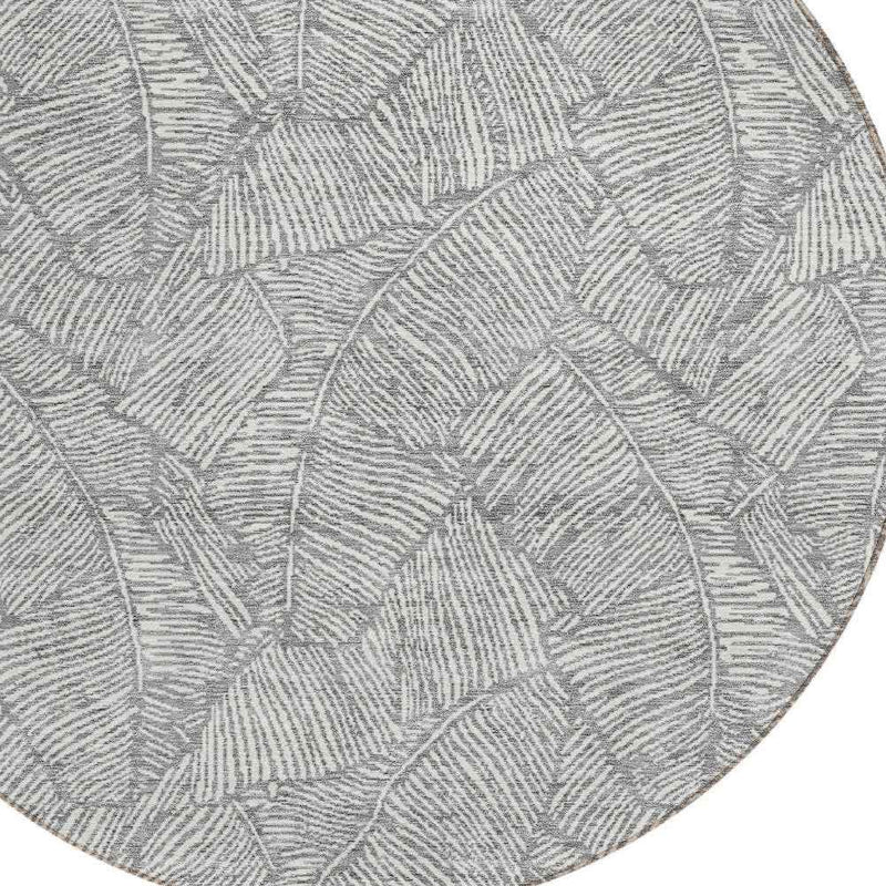8' Gray And Ivory Round Floral Washable Indoor Outdoor Area Rug