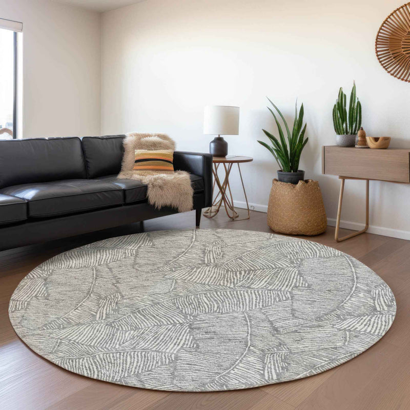 8' Gray And Ivory Round Floral Washable Indoor Outdoor Area Rug