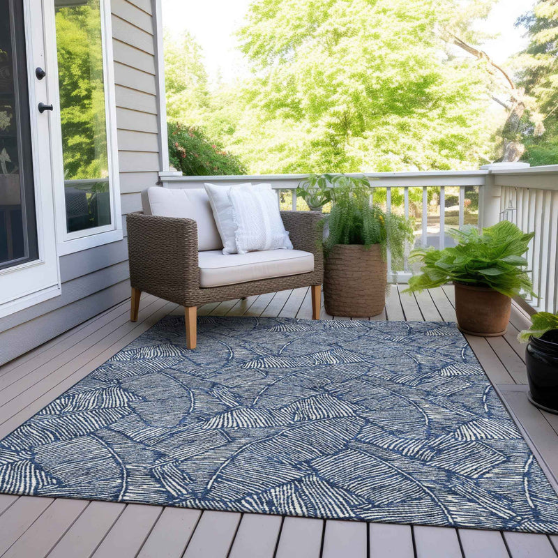 8' X 10' Navy Blue And Ivory Floral Washable Indoor Outdoor Area Rug
