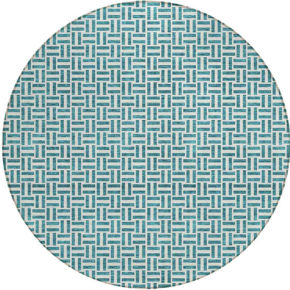 8' Teal Blue And Silver Round Geometric Washable Indoor Outdoor Area Rug