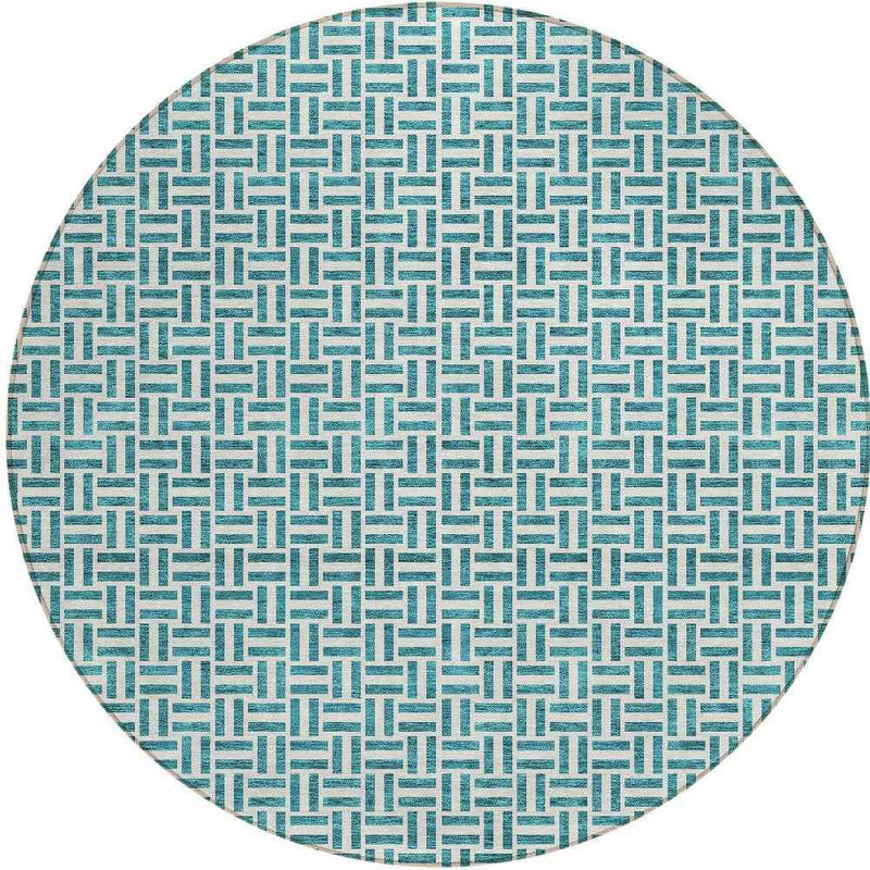 8' Teal Blue And Silver Round Geometric Washable Indoor Outdoor Area Rug