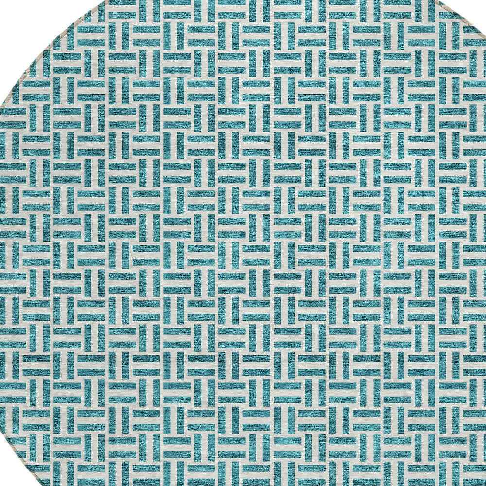 8' Teal Blue And Silver Round Geometric Washable Indoor Outdoor Area Rug