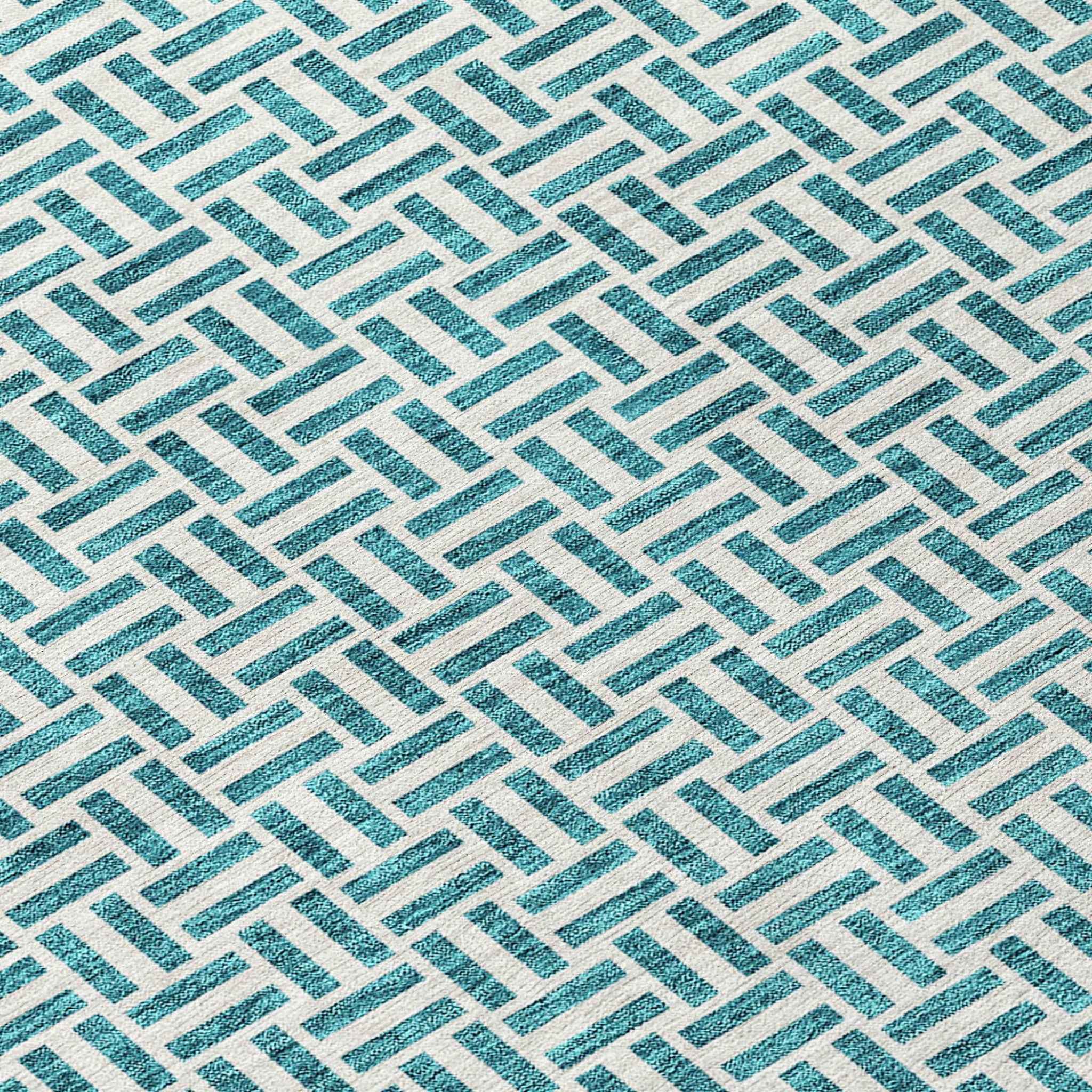 8' Teal Blue And Silver Round Geometric Washable Indoor Outdoor Area Rug