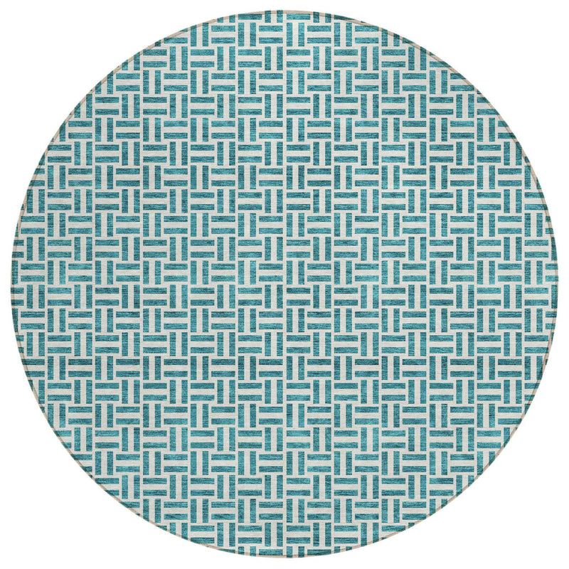 8' Teal Blue And Silver Round Geometric Washable Indoor Outdoor Area Rug