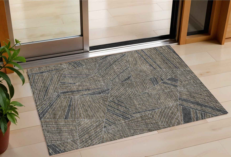 3' X 5' Brown Black And Gray Geometric Washable Indoor Outdoor Area Rug