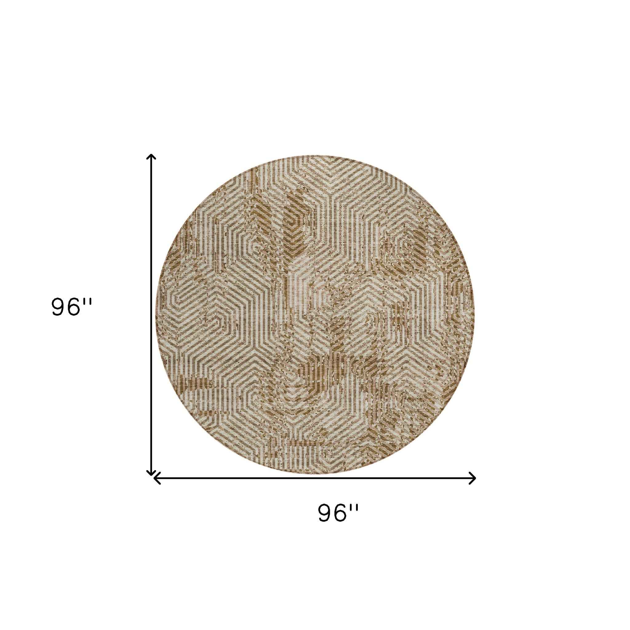 8' Brown And Beige Round Geometric Washable Indoor Outdoor Area Rug