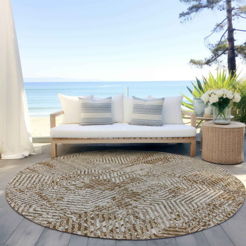 8' Brown And Beige Round Geometric Washable Indoor Outdoor Area Rug