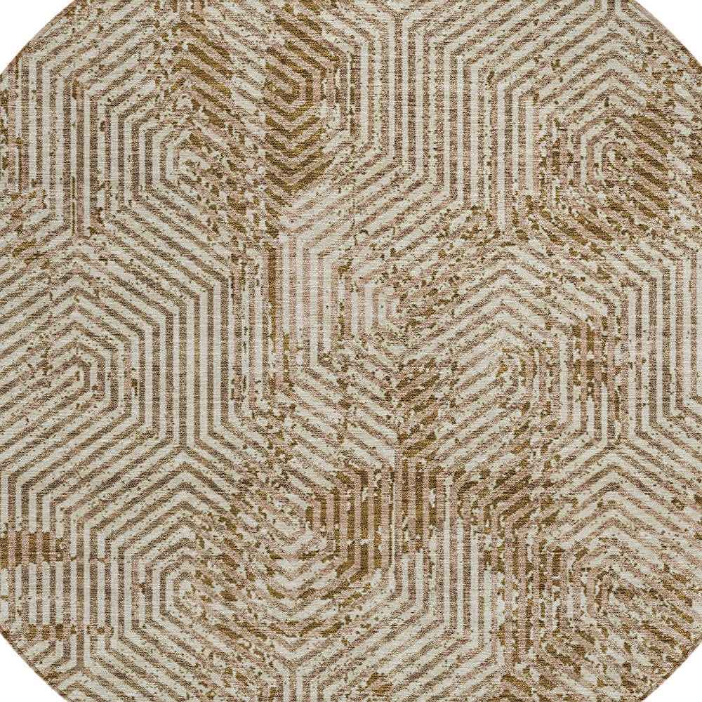 8' Brown And Beige Round Geometric Washable Indoor Outdoor Area Rug