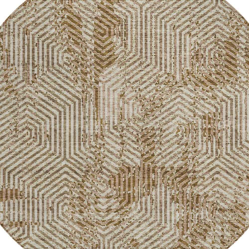 8' Brown And Beige Round Geometric Washable Indoor Outdoor Area Rug