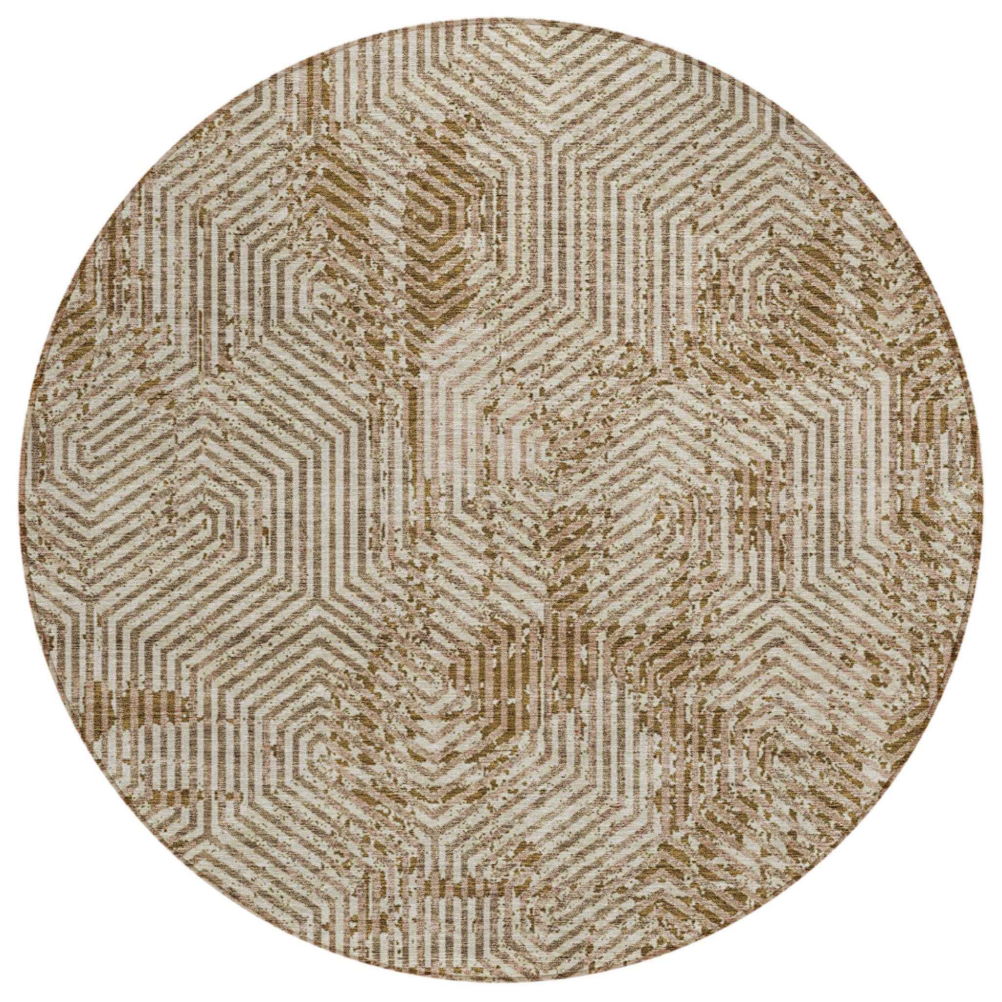 8' Brown And Beige Round Geometric Washable Indoor Outdoor Area Rug