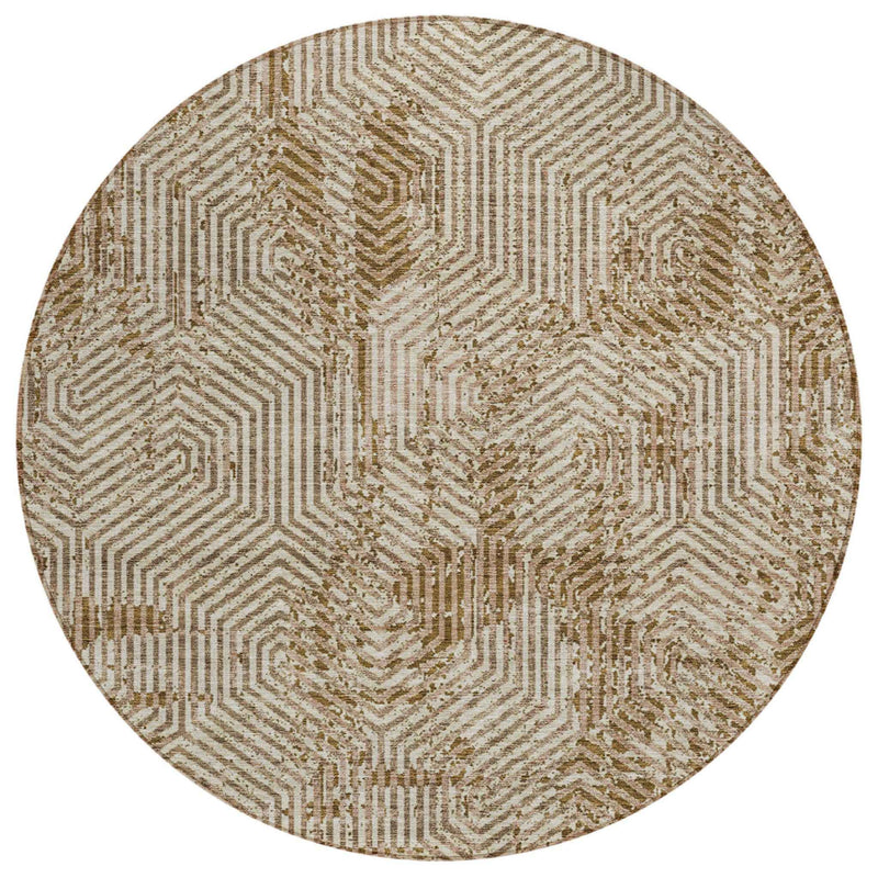 8' Brown And Beige Round Geometric Washable Indoor Outdoor Area Rug